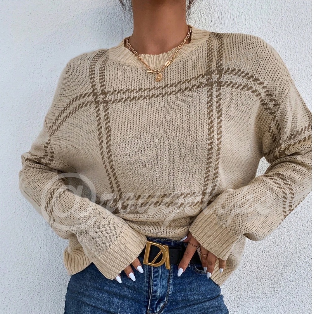 Grid Plaid Pattern Beige Knit Crew Neck Pullover Sweater